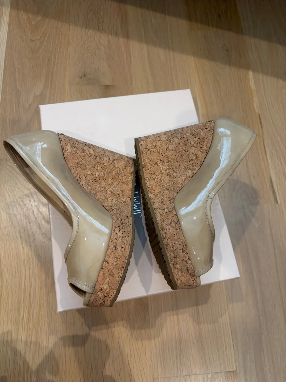 Jimmy Choo Nude Patent Peep-Toe Cork Platform Pumps